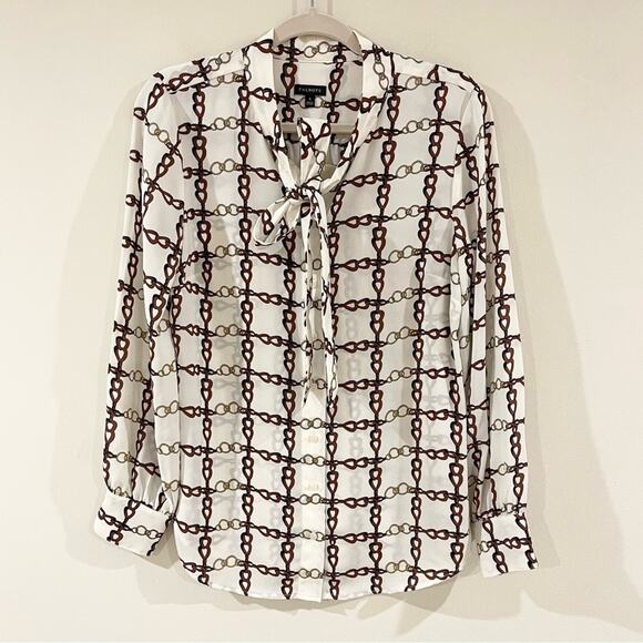 Talbots Crepe Tie Neck Top Blouse Chainlink Pattern Women’s size S Cram Brown - Picture 1 of 7
